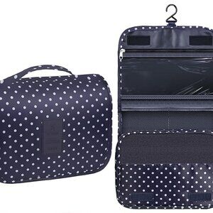 Make Up / Toiletry Bag, Portable Hanging Organizer, Navy Blue with White Dots